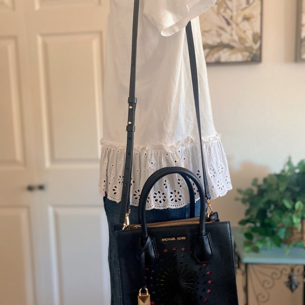 MICHAEL KORS Black Leather Messenger Lock Laser Cut Satchel Crossbody Bag